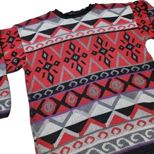 Vintage 90s Vibrant Geometric Crewneck Knit Sweater for Men Rare